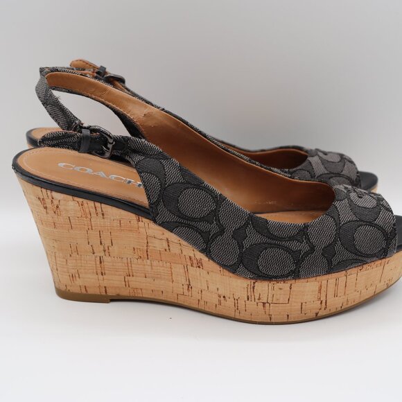 Women's Coach Ferry Logo Signature Wedge Gray/Black Buckle Sandals Size 9B - Picture 3 of 10